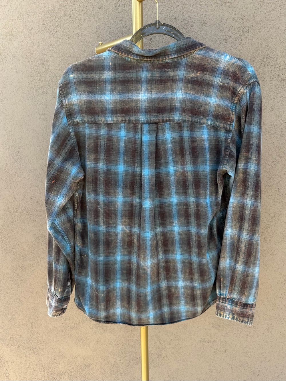Y2K Blue Brown Plaid Flannel Distressed Bleach Grunge Button Collar Fall Shirt - Picture 6 of 8